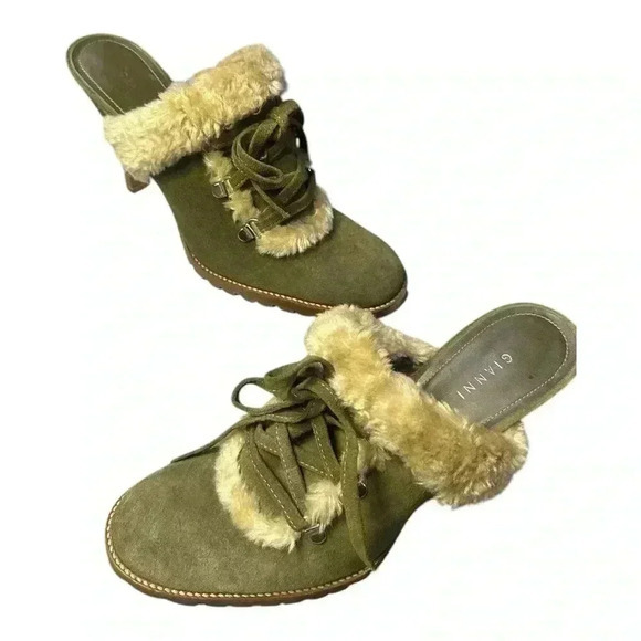 Gianni Bini Fur-Lined Mule Heels - Size 10M - Olive Green Suede - Picture 2 of 5